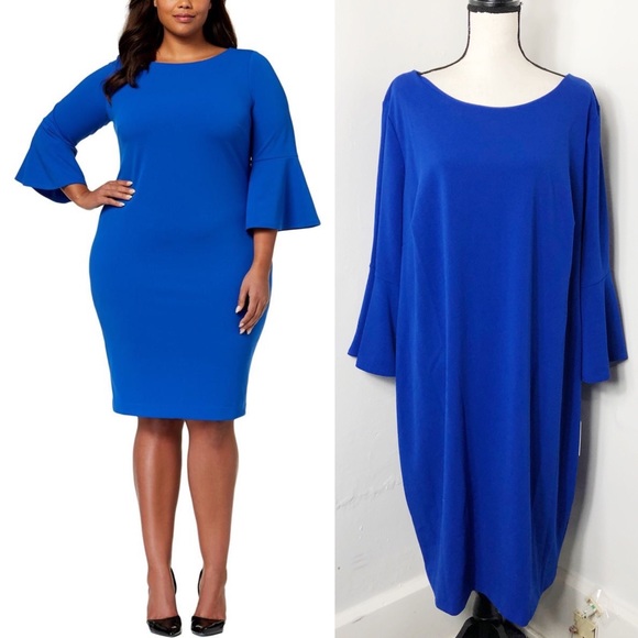 Business calvin klein bell sleeve sheath dress blue